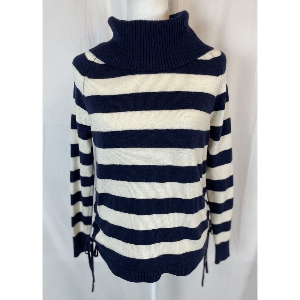 Banana Republic Navy Blue & White Striped Turtleneck Sweater Tie Side‎ Woman's S
